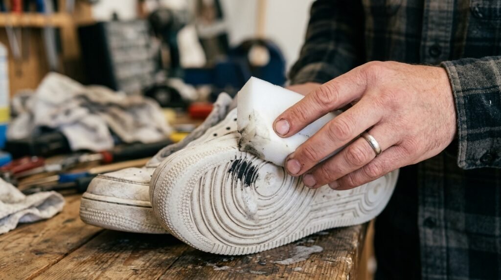 A hand uses a white magic eraser sponge to scrub a black scuff mark off the rubber sole of a shoe