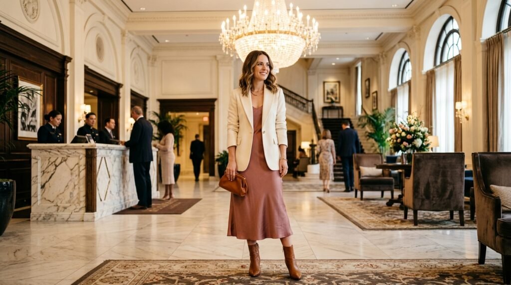 A woman in a hotel lobby wearing a pink silk slip dress, a cream blazer, and brown pointed-toe knee boots