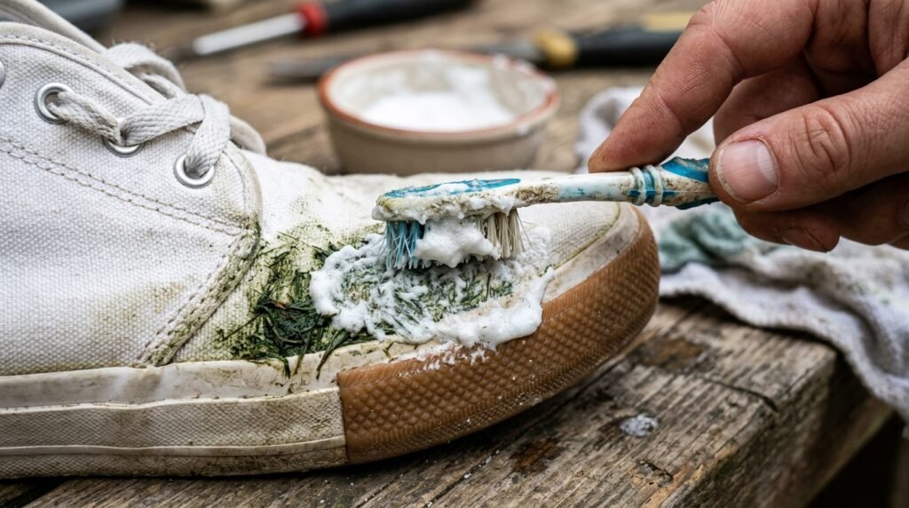 A hand uses a toothbrush to apply a thick white baking soda paste to a green grass stain on a white shoe