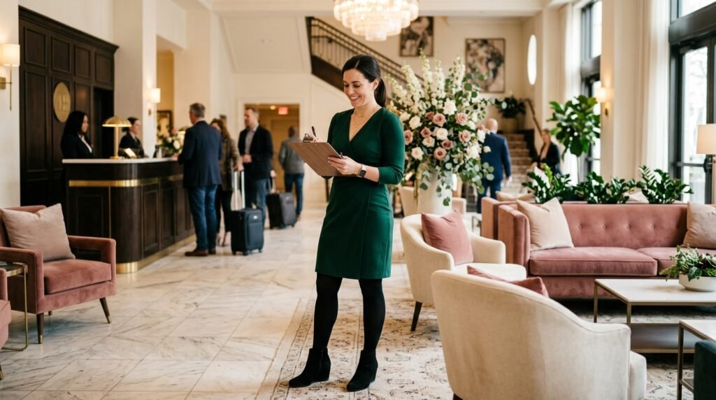 A woman in a wrap dress and black tights wearing sleek black suede wedges while holding a clipboard.