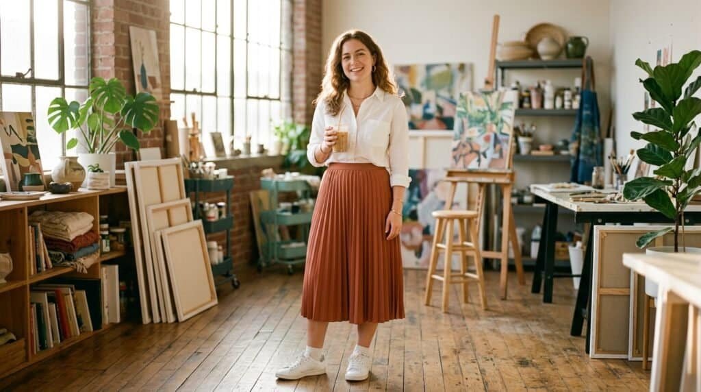 Woman smiling in art studio with paintings and plants around her.