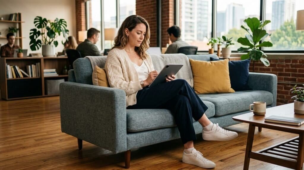 Woman working on a tablet in an office lounge wearing navy trousers and clean sneakers