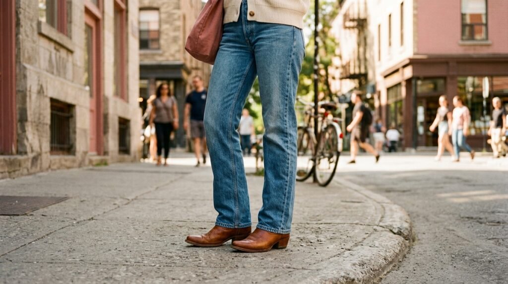 Close-up of straight-leg blue jeans falling over the tops of cognac cowgirl boots.