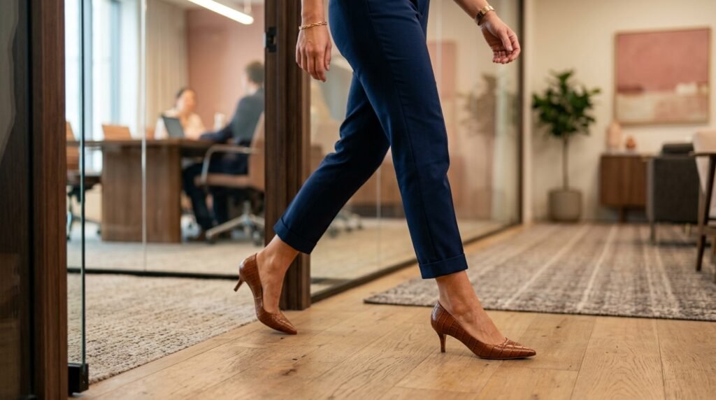 Cognac croc-embossed kitten heels worn with navy tapered ankle trousers walking on office carpet.