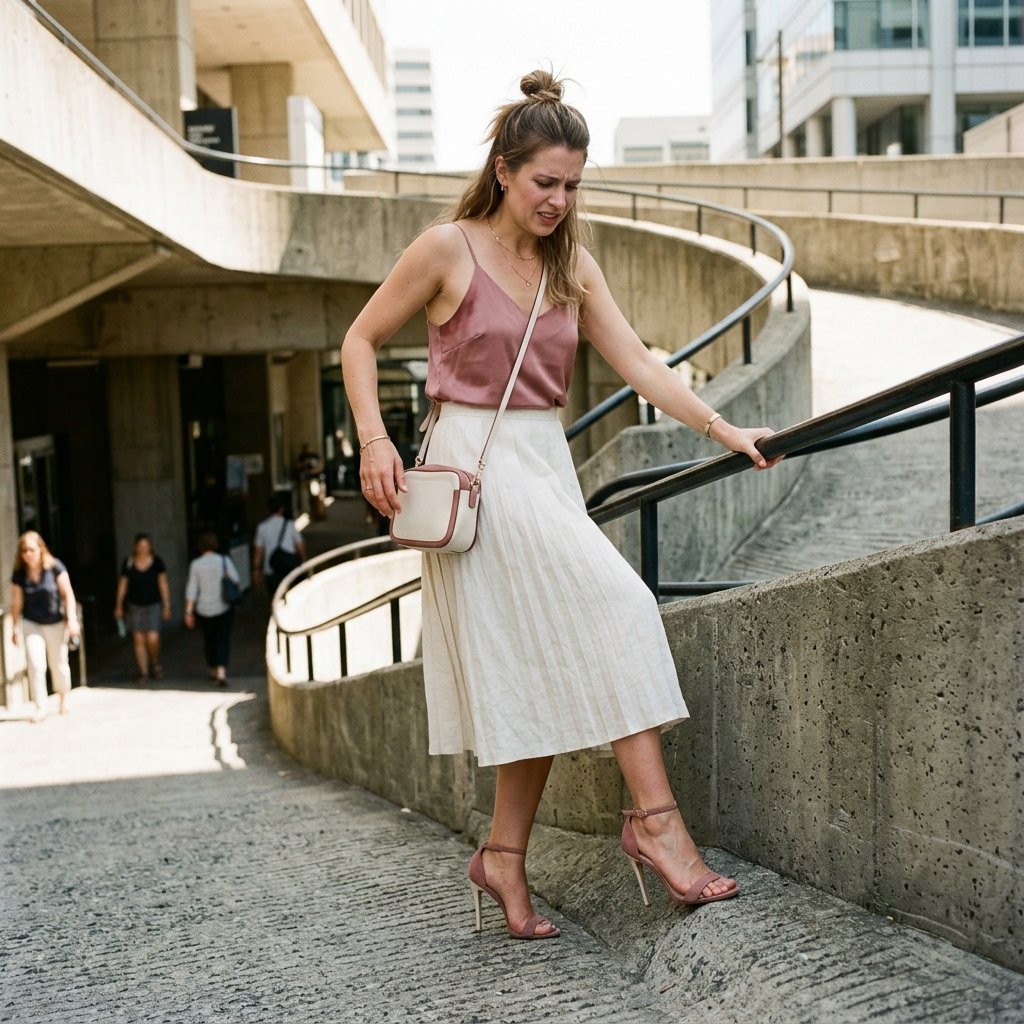 A close up of feet wearing thin strappy high heels standing on a concrete ramp.