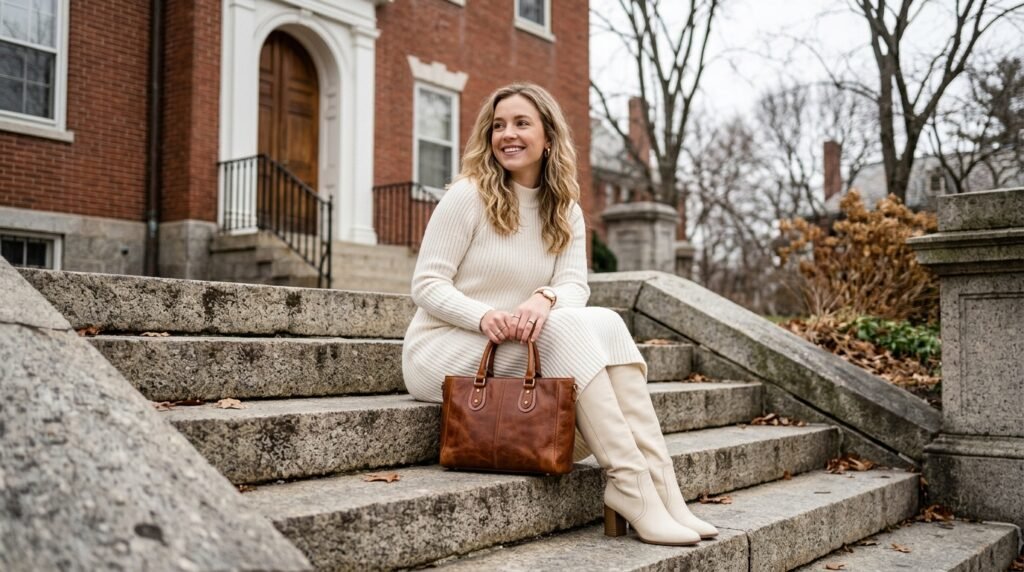 A woman sitting on steps wearing a cream knit midi dress and cream leather knee-high boots.