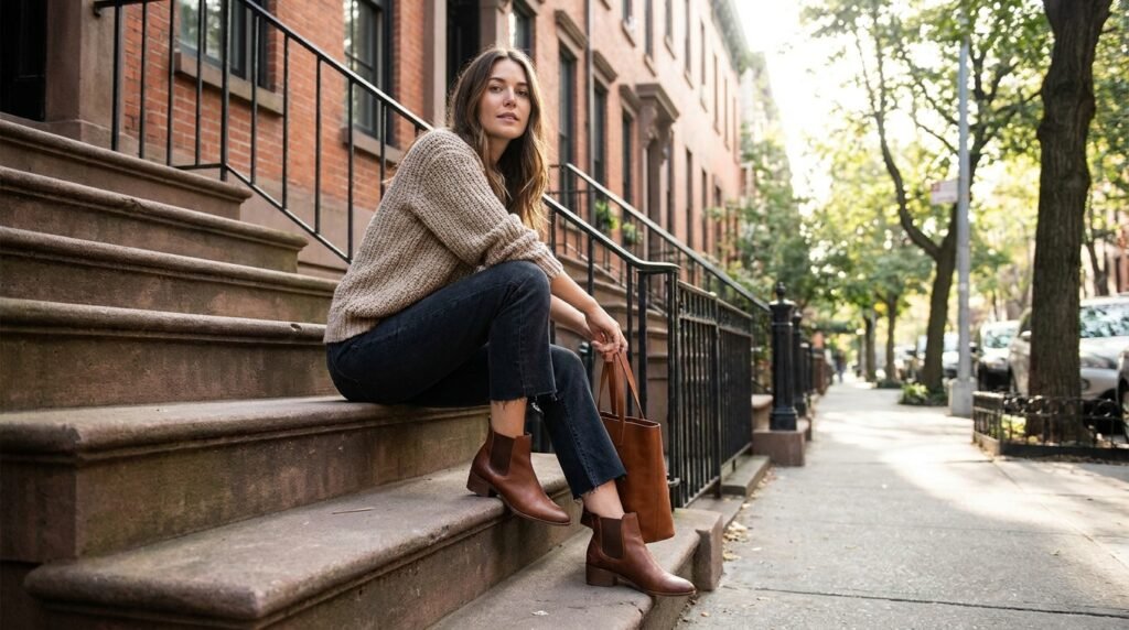 A woman standing on brownstone steps wearing cropped raw-hem jeans and leather ankle boots.