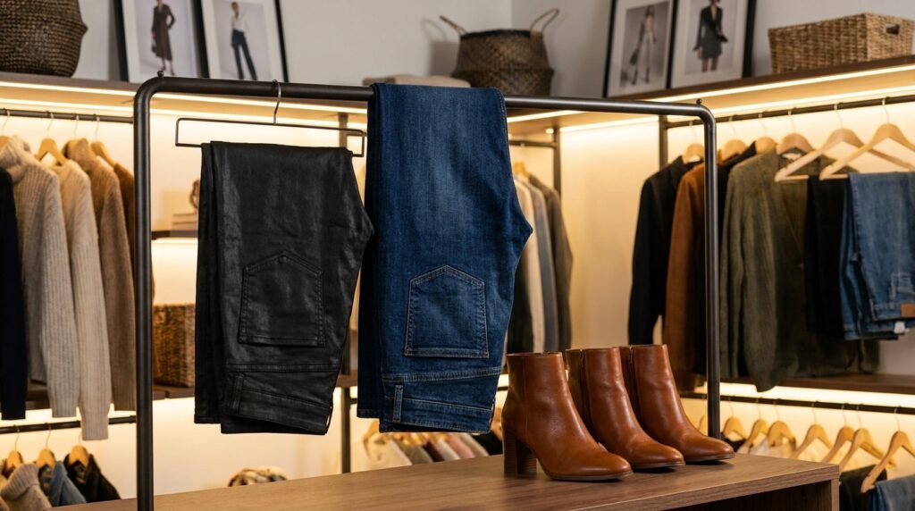 Black coated jeans and cognac leather ankle boots displayed together on a clothing rack.