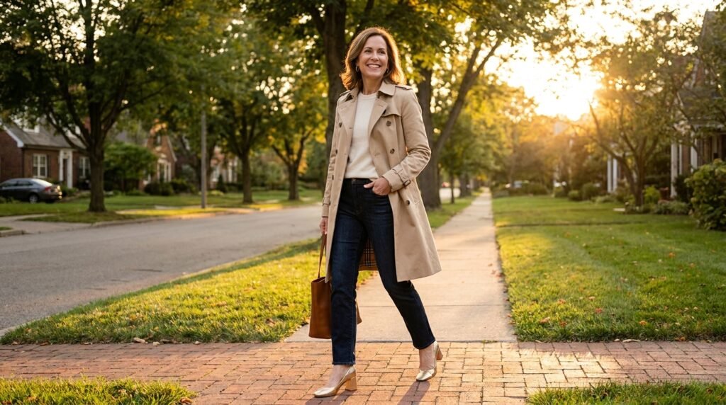A a and at classic coat, elegant glow. golden heels hour in jeans, on sidewalk smiling straight-leg stylish suburban sunset, the trench walking wearing while woman