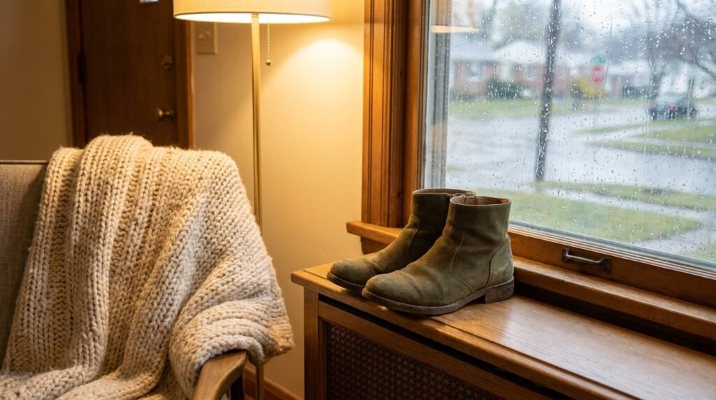 Suede ankle boots sitting on a window sill with raindrops on the glass and a knit blanket nearby