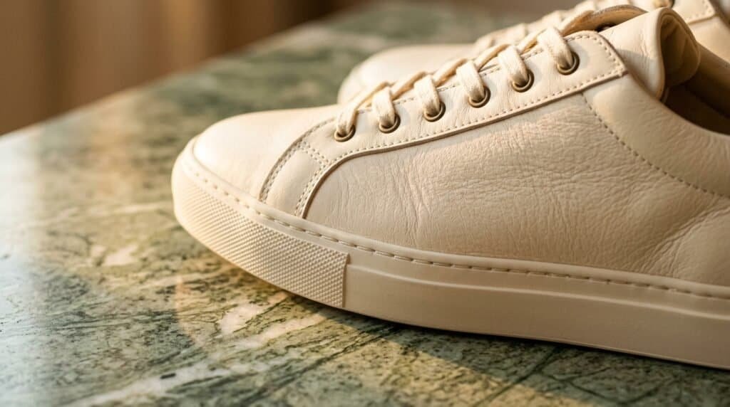 White sneakers with clean design suitable for professional settings.