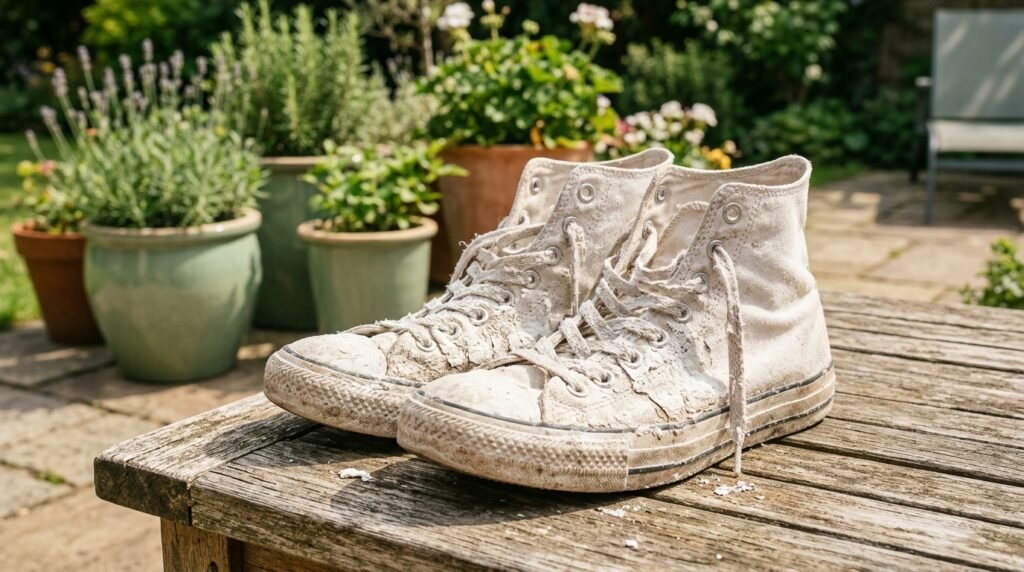 White canvas sneakers covered in dried baking soda paste sitting outside on a table in the sunlight