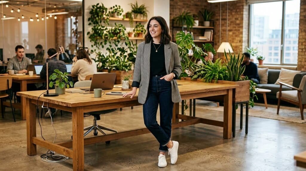 Woman wearing casual sneakers in a modern office setting.