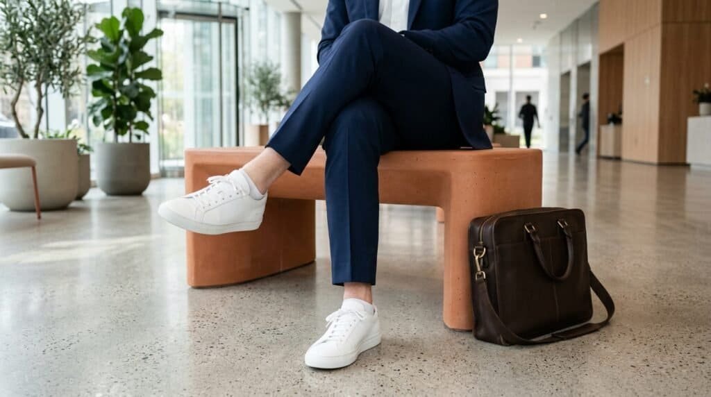 Woman in navy suit wearing white sneakers at modern office lobby.