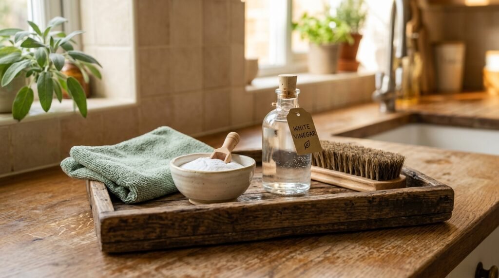 A wooden tray holding baking soda, vinegar, a cleaning brush, and a green microfiber cloth