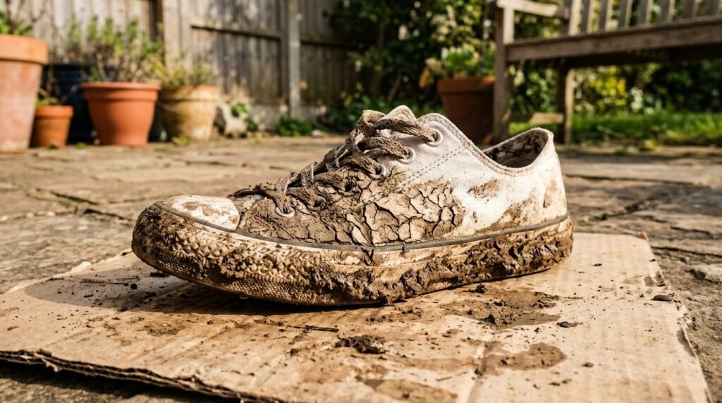 A heavily mud-caked white canvas shoe sitting in the sun, with the mud drying and cracking.