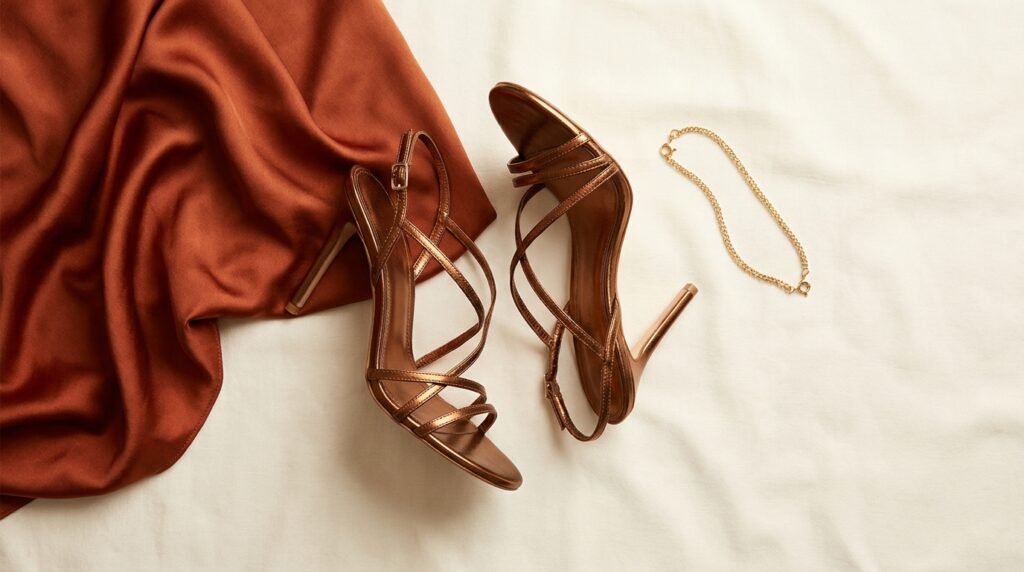A flat lay showing bronze strappy heels next to a rust-colored silk fabric swatch and gold jewelry.