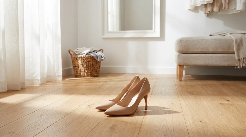 Classic pointed-toe nude leather pumps sitting on a wooden floor in a bright dressing room.