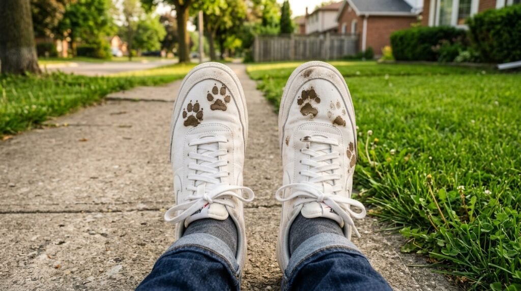A downward view of a person's white sneakers covered in fresh, muddy dog paw prints