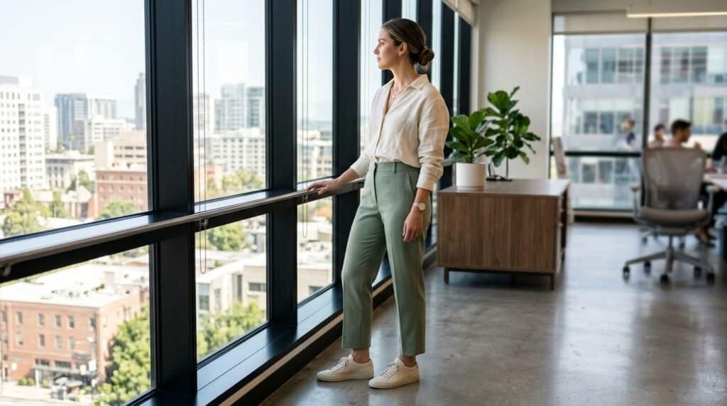 Woman in office wearing stylish sneakers and business casual attire.