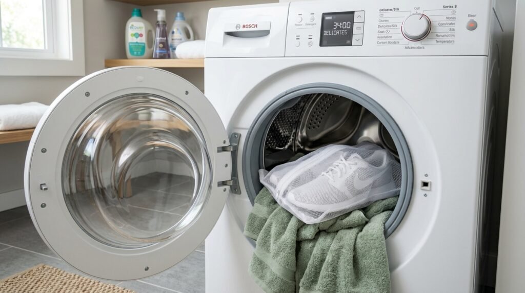 White sneakers inside a mesh laundry bag resting on towels inside an open washing machine