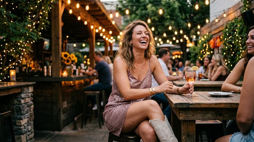 A woman at an outdoor bar wearing a dusty rose sequin mini dress and ivory suede cowgirl boots.