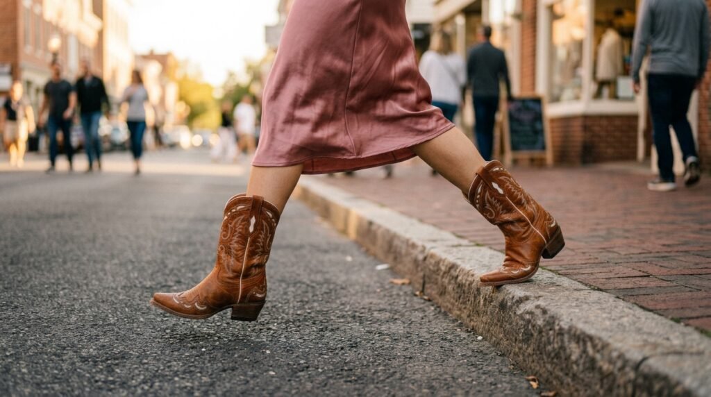 Close-up of a woman's legs wearing a dusty rose satin slip dress and cognac leather cowgirl boots with white stitching.