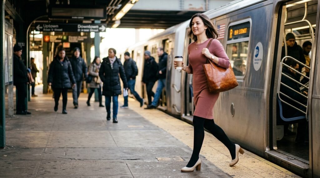 A commuter stepping off a train wearing a dress, opaque tights, and warm ivory leather block heels.