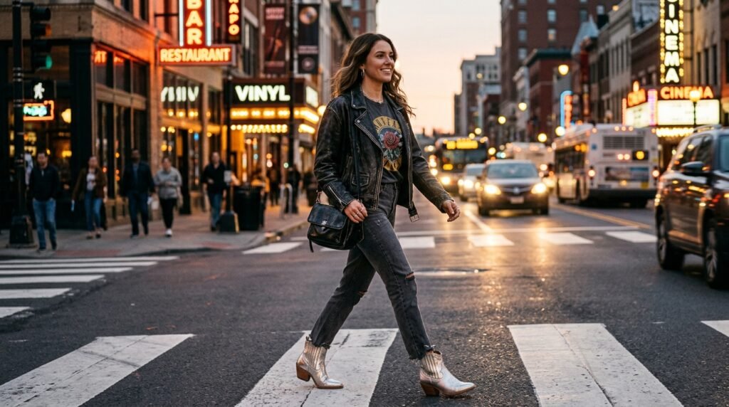 A woman crossing a street wearing a black leather moto jacket, charcoal jeans, and metallic silver western boots.