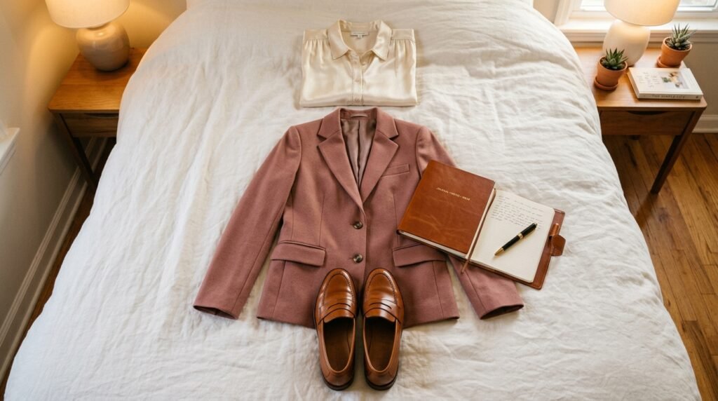 An interview outfit laid out on a bed, featuring an ivory blouse, a dusty rose blazer, cognac leather loafers, and a notebook with a pen.