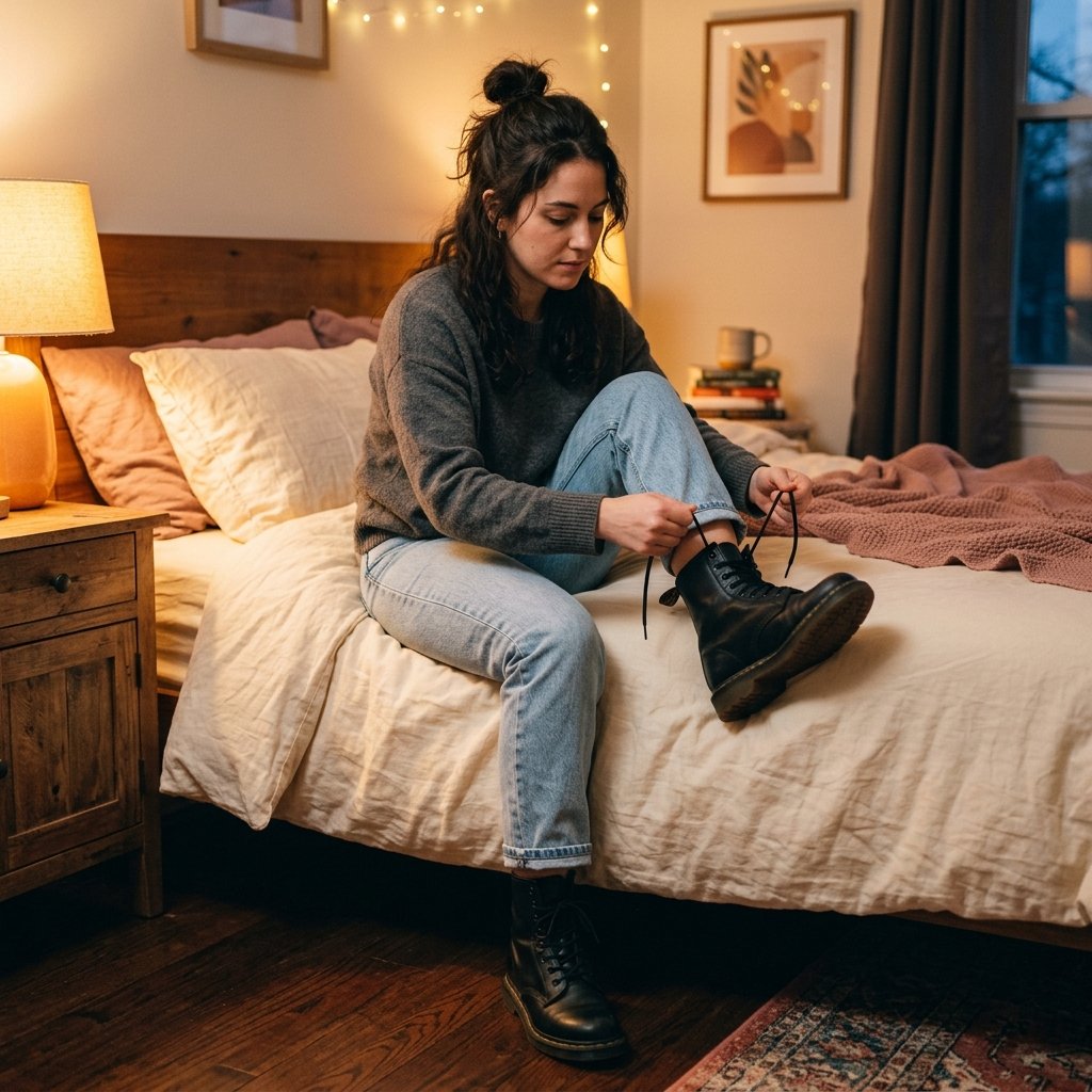 A woman sitting on a bed tying the laces of black combat boots while wearing light blue jeans.