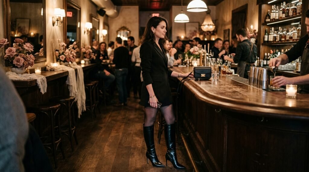 A woman at a cocktail bar wearing a black blazer mini dress and black leather stiletto knee-high boots.