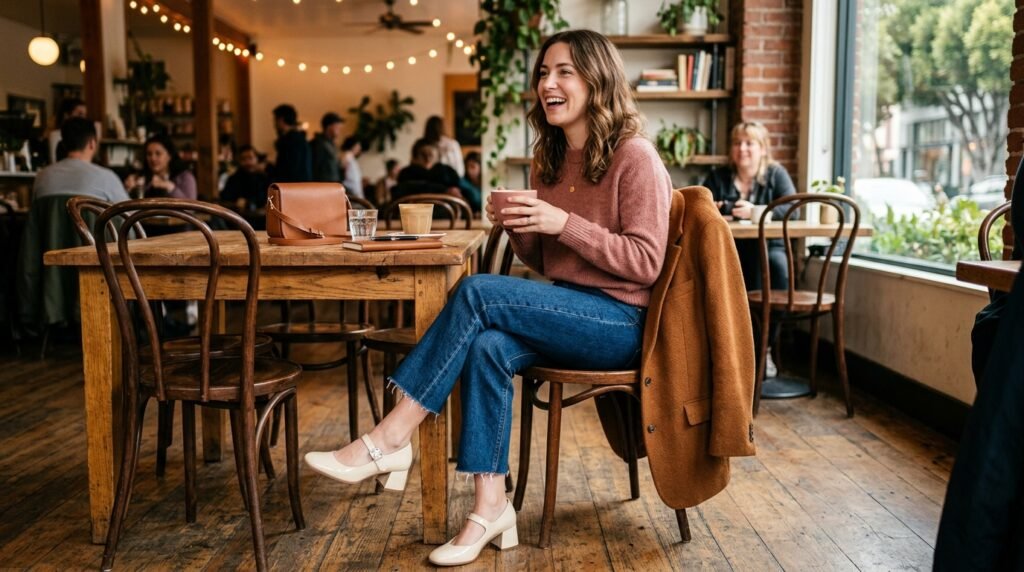 Warm ivory block-heeled Mary Janes worn with straight-leg denim jeans in a cafe setting.