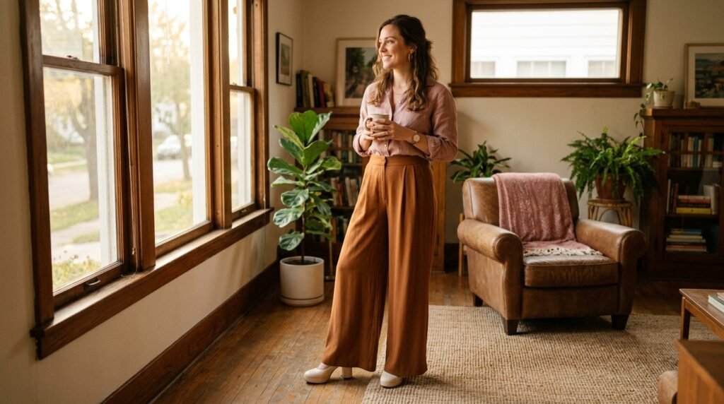 Fluid wide-leg pants draping over warm ivory platform block heels.
