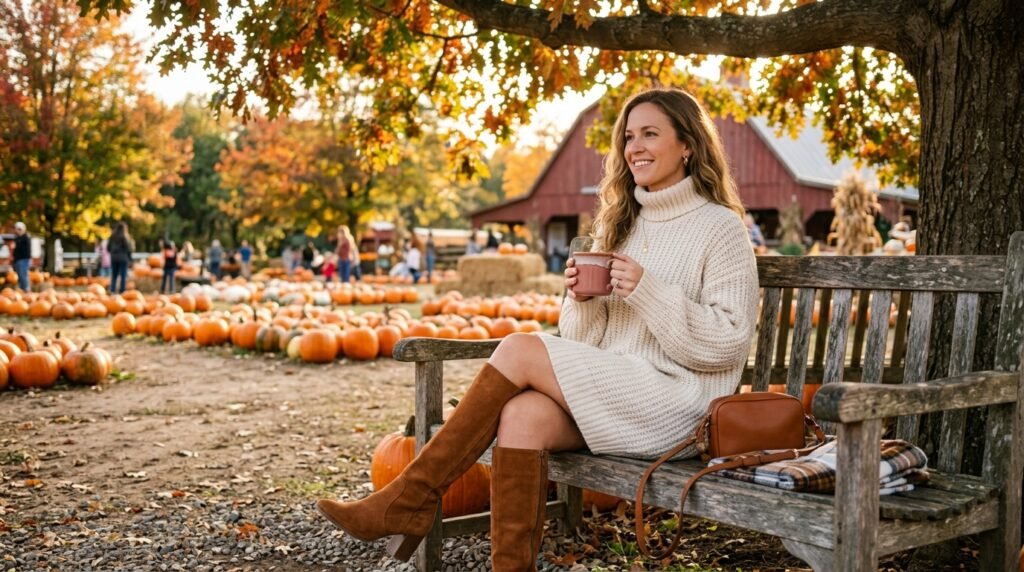 A woman sitting at a pumpkin patch wearing a cream turtleneck sweater dress and brown suede knee-high boots.