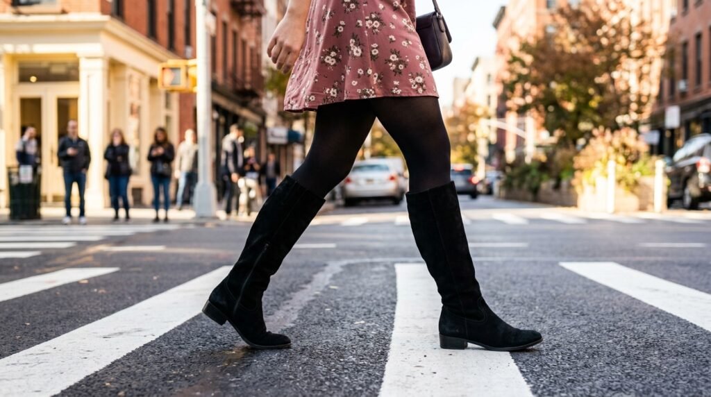 The legs of a woman walking on a crosswalk wearing a pink mini dress, opaque black tights, and black suede boots