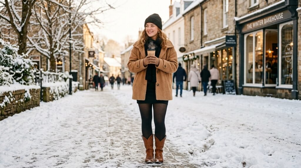 A woman in the snow wearing a camel wool coat, black tights, and cognac cowgirl boots.