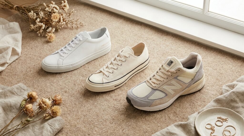 Three pairs of clean fashion sneakers arranged neatly on a beige rug.