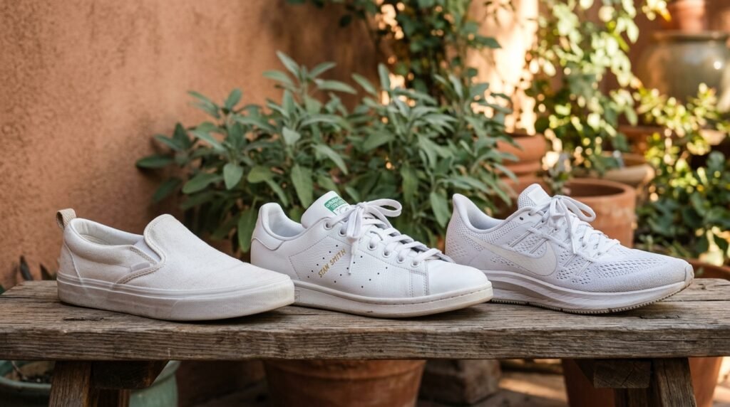 A close-up view of three white shoes side-by-side, showcasing canvas, leather, and mesh materials.