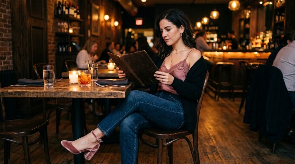 Dusty rose velvet block heels worn with dark denim under a restaurant table.