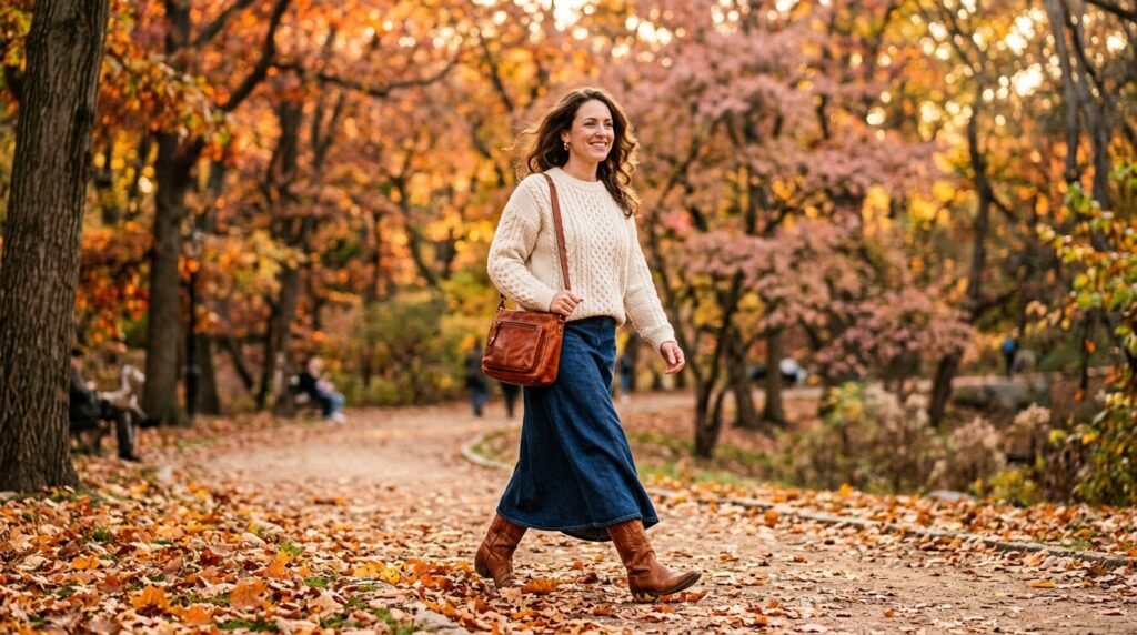 A woman walking outdoors in autumn wearing a cream chunky knit sweater, denim maxi skirt, and brown cowgirl boots.