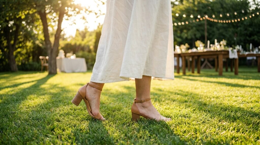 A woman wearing supportive block-heel sandals while walking across a green lawn outdoors.