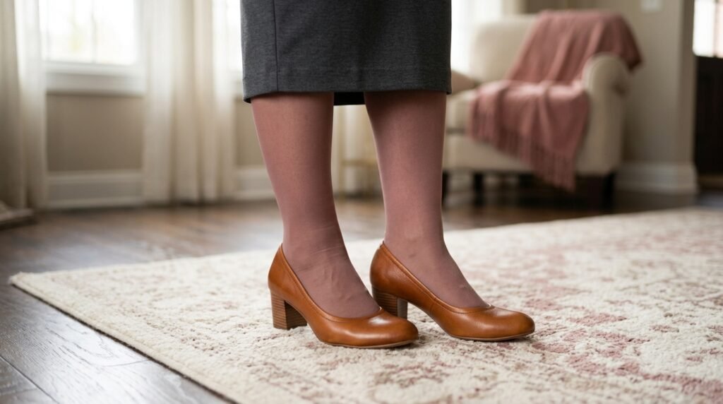 Cognac leather pumps worn with a pencil skirt, showing a comfortable fit across the toes.