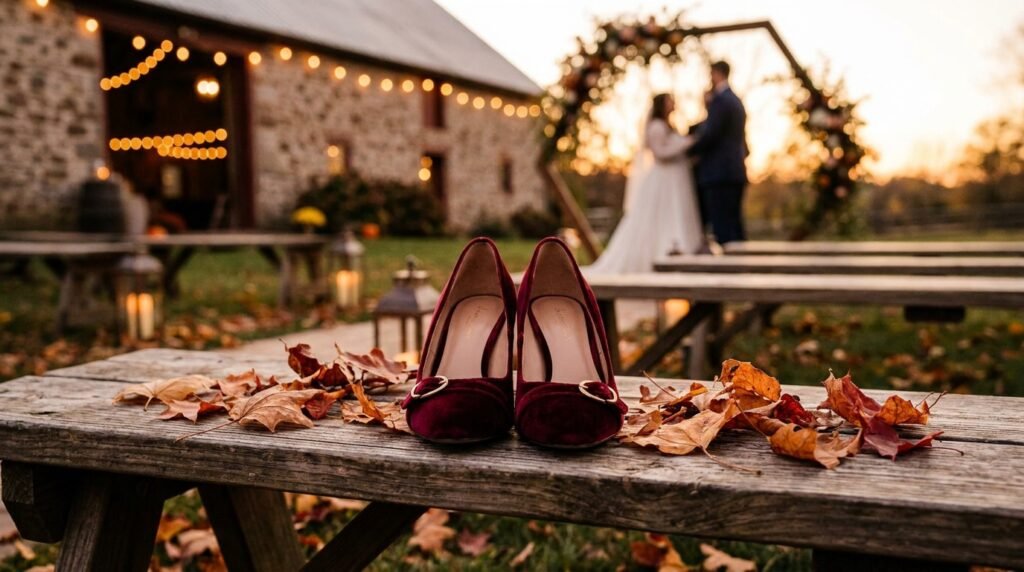 Burgundy velvet pumps resting on a wooden bench surrounded by autumn leaves.