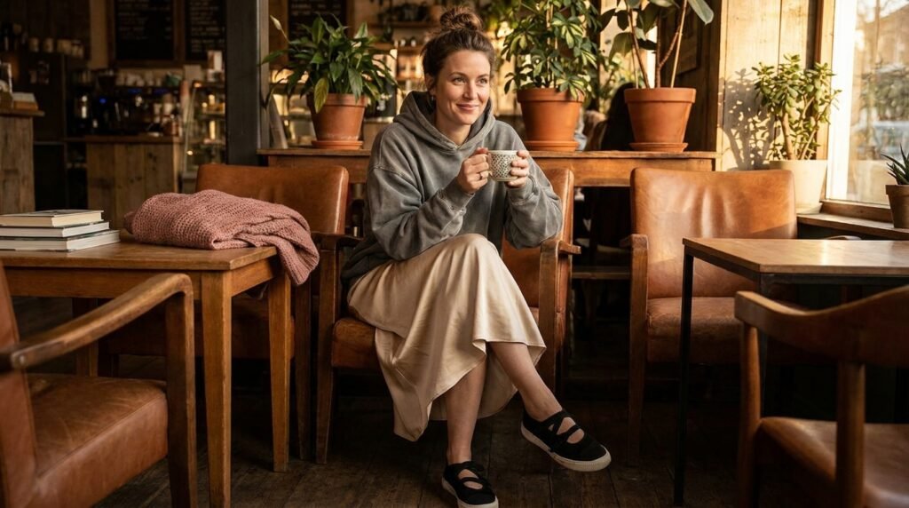 Woman wearing a satin slip skirt, grey hoodie, and black ballet sneakers holding a coffee cup.
