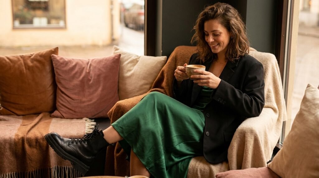 Woman wearing an emerald green satin slip dress, a blazer, and black combat boots holding a coffee cup.