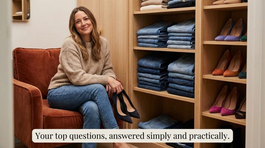A a around beside closet color folded heels her holding in jeans, neutral of on pair palette. resting shelves sitting statement stylish various warm with woman