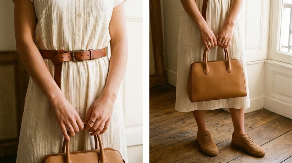 Close-up of a woman wearing a neutral dress with a leather belt and handbag, with sneakers visible.