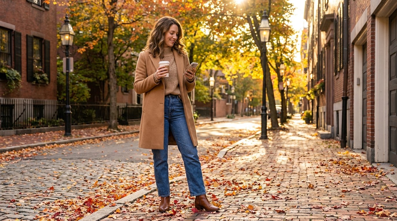 A woman standing on a brick sidewalk in autumn wearing straight-leg blue jeans, a camel coat, and cognac leather ankle boots.