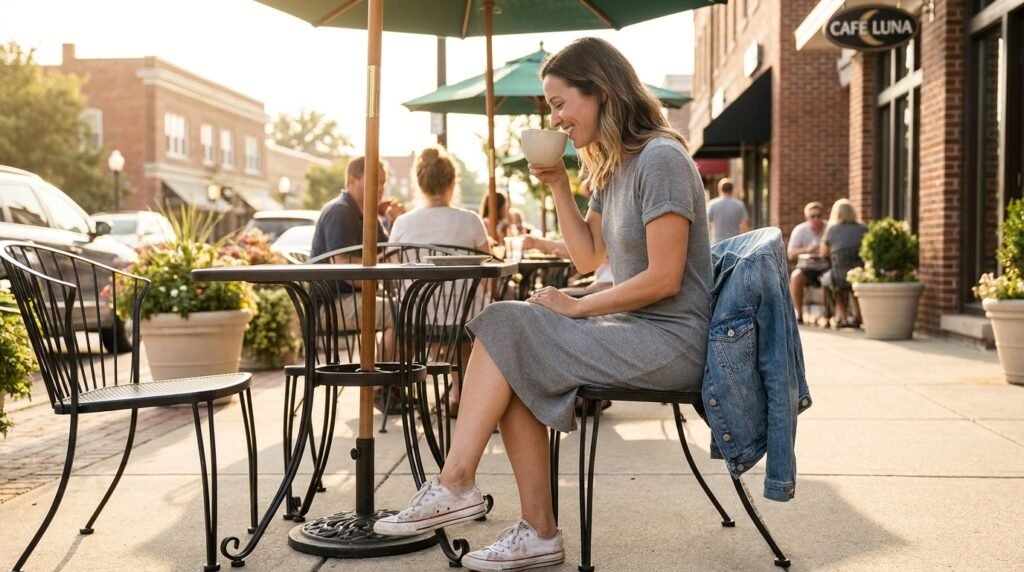 A woman sitting at a café table wearing a grey t-shirt dress and casual canvas sneakers.